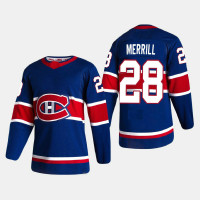 Men's Montreal Canadiens Jon Merrill #28 2021 Season Reverse Retro Authentic Blue Jersey